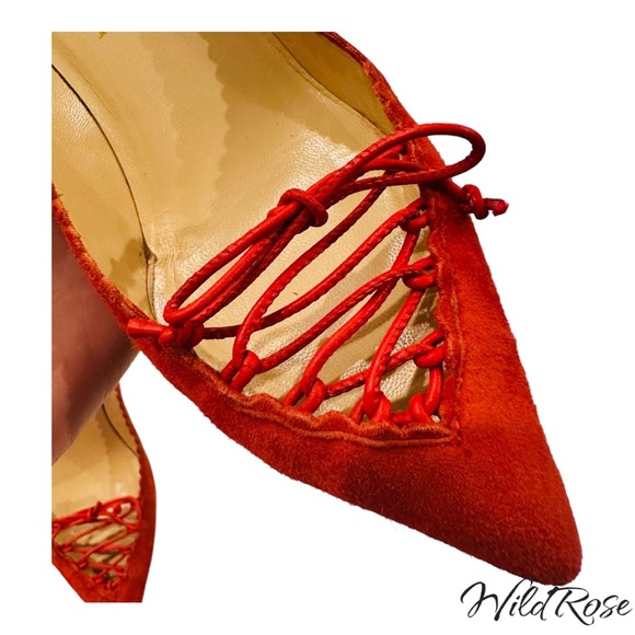 CHRISTIAN LOUBOUTIN “SCALOPUMP” 85 RED SUEDE SCALLOP TRIM LACE UP TIE HEELS 37.5 - Picture 5 of 17